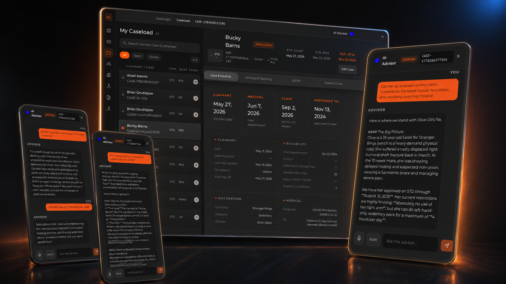 cAisey, the CaseLogic case advisor, open across desktop, tablet and phone