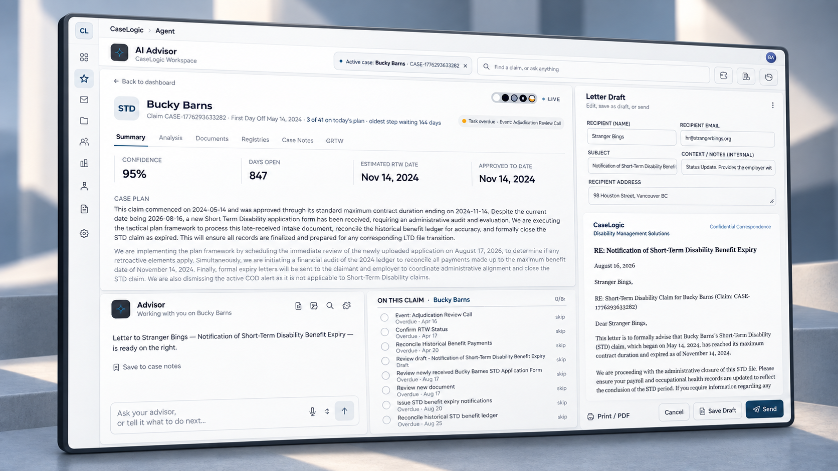Caselogic AI Advisor workspace drafting a letter on an active claim