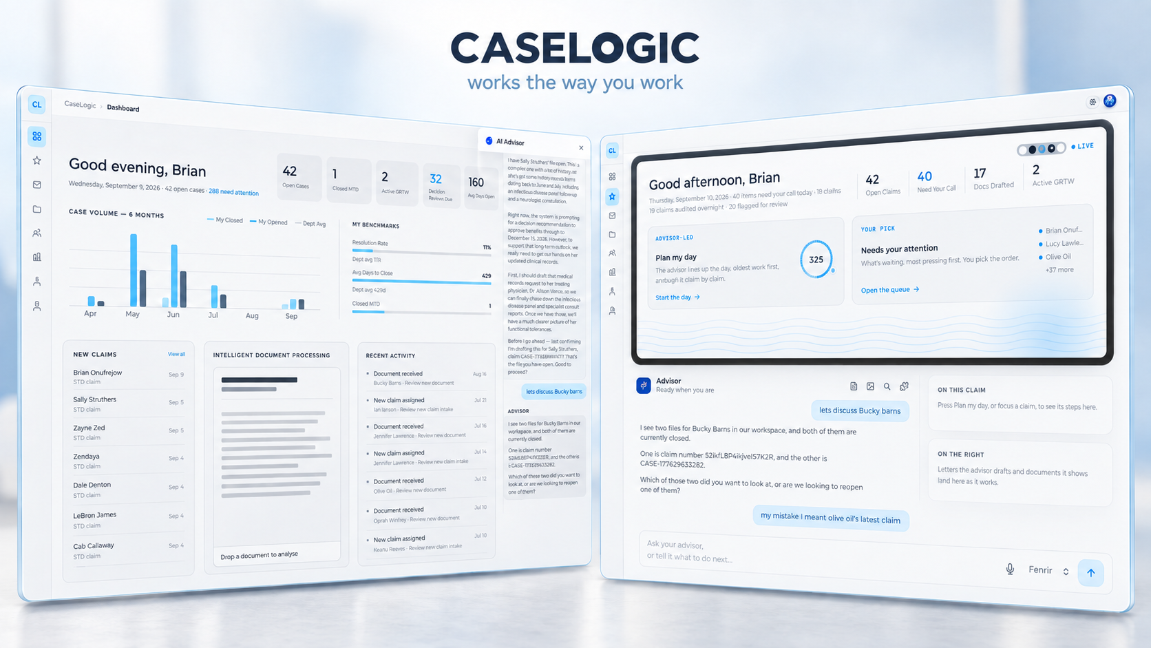 Caselogic on two platforms, the case manager and the AI agent working the same claim